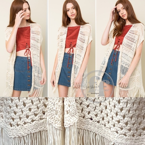 Crochet Knit Fringe Open Front Kimono Cardigan Sweater Shawl Duster Vest Topper - Picture 6 of 11
